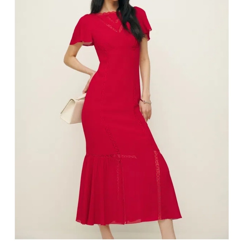 Reformation Domini Maxi Dress in Lipstick Red Lace Inset Flutter Sleeve - 0